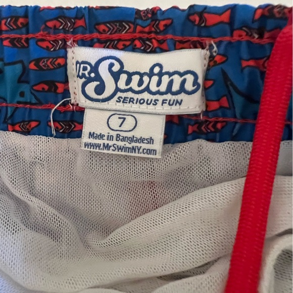 JR SWIM TRUNKS FOR BOYS. SIZE 7  BLUE & ORANGE SHARKS & FISH - Picture 5 of 6